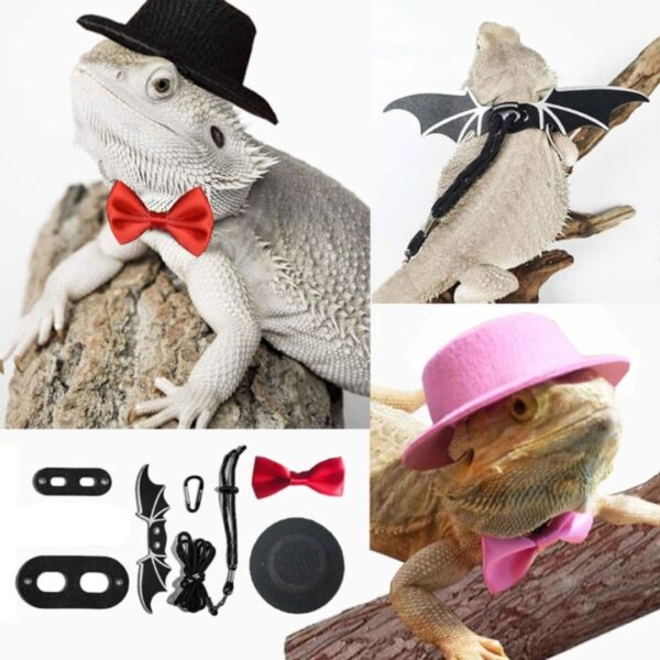 Corda de tração de lagarto, chapéu, laço, couro macio, urso, dragão, arnês, coleira, dia das bruxas, fantasia, roupas para animais de estimação, suprimentos